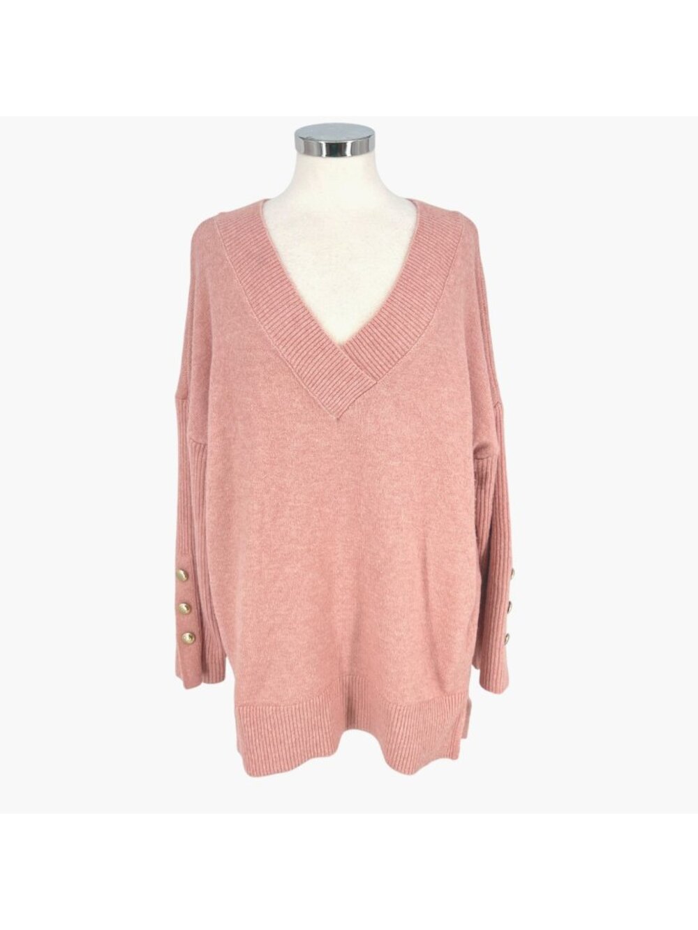 River Island V-Neck Oversized Sweater Gold Button Preppy Soft Girl Pink Large